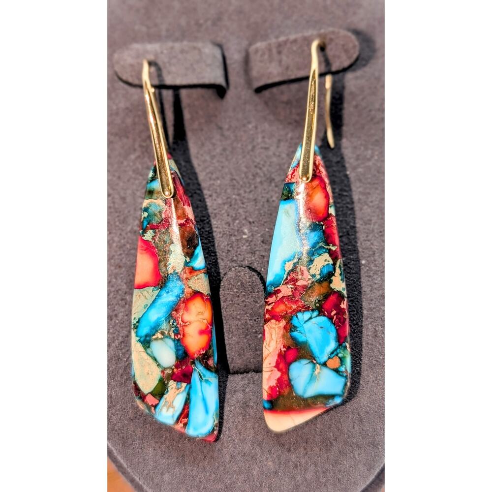 Natural Stone Jasper Drop Gold Tone Earrings